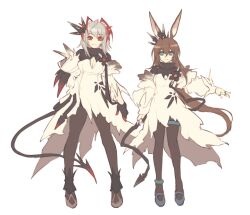 2girls amiya_(arknights) animal_ears anklet antenna_hair arknights arm_at_side black_gloves black_pantyhose black_tail blue_eyes breasts brown_hair cleavage cleavage_cutout closed_mouth clothing_cutout commentary_request dress full_body gloves grey_hair hair_between_eyes jewelry lari_lab long_hair long_sleeves medium_hair multicolored_hair multiple_girls outstretched_arm pantyhose red_eyes red_hair simple_background smile standing streaked_hair tail thighlet torn_clothes torn_dress w_(arknights) white_background white_dress
