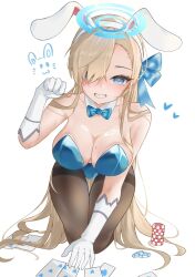 1girl animal_ears asuna_(blue_archive) asuna_(bunny)_(blue_archive) bare_shoulders blonde_hair blue_archive blue_bow blue_bowtie blue_eyes blue_halo blue_leotard blush bow bowtie breasts card cleavage collarbone detached_collar fake_animal_ears gloves grin hair_over_one_eye halo highres kneeling large_breasts leotard long_hair looking_at_viewer min_2929 mole mole_on_breast pantyhose paw_pose playing_card poker_chip rabbit_ears smile solo strapless strapless_leotard thighband_pantyhose very_long_hair white_gloves