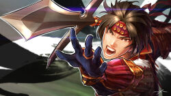 Rule 34 | armor, brown hair, headband, male focus, polearm, sanada yukimura (sengoku musou), sengoku musou, shouting, spear, weapon