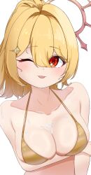1girl absurdres ahoge alternate_costume bikini blonde_hair blush breasts bust_cup cleavage commentary_request gold_bikini hair_intakes halo highres hinata_mashu large_breasts looking_at_viewer mariooo medium_hair nanashi_inc. one_eye_closed open_mouth orange_eyes pink_halo simple_background smile solo swimsuit upper_body virtual_youtuber white_background