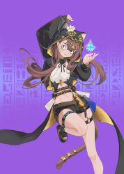 &lt;|&gt;_&lt;|&gt; 1girl :3 absurdres ankh arknights arm_up black_jacket black_sandals black_shorts brown_hair brown_tail closed_mouth crop_top cropped_jacket crystal enaga_(bilibili_5713976) flower foot_out_of_frame hand_up head_chain hieroglyphics highres hood hood_up hooded_jacket infection_monitor_(arknights) jacket jewelry leg_up long_hair long_sleeves looking_at_viewer navel no_socks o-ring o-ring_thigh_strap open_clothes open_jacket pepe_(arknights) platform_sandals purple_background sandals shorts smile solo standing standing_on_one_leg tail tail_ornament tail_ring thigh_strap toes white_flower yellow_jacket