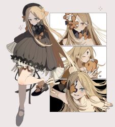 1girl abigail_williams_(fate) black_dress blonde_hair blue_eyes closed_eyes dress expressionless fate/grand_order fate_(series) full_body highres keyhole long_hair looking_at_viewer multiple_views note_nii nude red_eyes smile stuffed_animal stuffed_toy teddy_bear very_long_hair