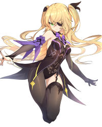1girl black_nails blonde_hair bodystocking breasts chuunibyou cropped_legs deatheach eyepatch fischl_(genshin_impact) fishnet_bodystocking fishnets garter_straps genshin_impact gloves gluteal_fold green_eyes hair_between_eyes hair_over_one_eye highres looking_at_viewer nail_polish single_glove single_leg_pantyhose single_thighhigh small_breasts solo tailcoat thighhighs thighs two_side_up white_background