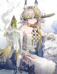 Rule 34 | 1girl, absurdres, arknights, colored extremities, dragon, dragon horns, earrings, grey eyes, highres, horns, jewelry, long hair, mi tei 0401, multicolored hair, pants, pointy ears, red pupils, shu (arknights), sitting, smile, strapless, tube top, white pants