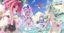 4girls :3 @_@ absurdres ahoge animal aokumo_rin ass ball bandage_on_cheek bandaid bandaid_on_leg bandaid_on_stomach beachball bikini bird black_collar blue_eyes blue_one-piece_swimsuit blue_sky blue_streaks blush body_chain bow bow_earrings breasts chain character_name cleavage collar commentary crab day earclip earrings english_commentary flat_chest floating_hair four-leaf_clover_print frilled_thigh_strap green_eyes green_hair grey_hair hair_bow hair_ears hair_intakes hair_ornament hair_over_shoulder hair_ribbon hairclip hanako_nana headphones headphones_around_neck heart heart_hair_ornament heterochromia highres holding holding_ball holding_beachball innertube jewelry lens_flare long_hair looking_at_viewer looking_back median_furrow multicolored_hair multiple_girls name_tag navel o-ring o-ring_bikini ocean one-piece_swimsuit open_clothes open_mouth open_shirt orange_eyes outdoors palm_tree parallel_hairclips parted_bangs pink_bikini pink_bird pink_ribbon pom_pom_(clothes) pom_pom_hair_ornament ponytail pout pparus purple_eyes purple_hair red_hair ribbon shadow_of_the_colossus shirt sideways_mouth sky sleeves_past_fingers sleeves_past_wrists starfish stellive stomach straight_hair streaked_hair string_bikini summer swept_bangs swim_ring swimsuit tan tanline tenko_shibuki thigh_strap tree turning_head very_long_hair very_long_sleeves virtual_youtuber wading water water_drop water_gun wet white_bikini white_shirt wristband yuzuha_riko