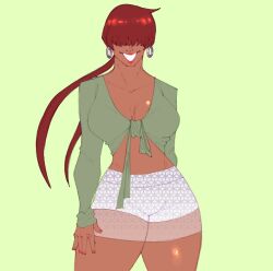 1girl 1shermieaday breasts cleavage curvy dark-skinned_female dark_skin earrings female_focus huge_breasts jewelry large_breasts long_hair long_sleeves marellartt pants red_hair see-through_clothes shermie_(kof) shiny_skin shorts smile smiley_face standing tan the_king_of_fighters thick_thighs thighs tight_clothes tight_pants twintails wide_hips