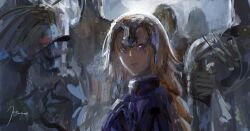 1girl 5others absurdres ambiguous_gender armor blonde_hair blue_capelet blue_eyes braid capelet commentary elvafirst fate/apocrypha fate_(series) frown full_armor headpiece highres jeanne_d&#039;arc_(fate) jeanne_d&#039;arc_(ruler)_(fate) long_hair multiple_others signature single_braid