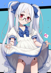 1girl bags_under_eyes black-framed_eyewear closed_mouth clothes_lift commentary_request cowboy_shot doll_joints dress dress_lift glasses highres joints lifting_own_clothes loli long_hair looking_at_viewer ogami_kazuki original panties puffy_short_sleeves puffy_sleeves red_eyes semi-rimless_eyewear short_sleeves solo speech_bubble twintails under-rim_eyewear underwear variant_set very_long_hair white_dress white_hair white_panties