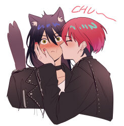 Rule 34 | 2girls, amate yuzuriha, animal ears, apt. (rose &amp; bruno mars), black choker, black jacket, cat ears, cat girl, cat tail, choker, closed eyes, closed mouth, earrings, gundam, gundam gquuuuuux, hand on another&#039;s face, highres, jacket, jewelry, kemonomimi mode, kiss, kissing cheek, long hair, multiple girls, nyaan (gundam gquuuuuux), otakulifewow, purple hair, red hair, red nails, shirt, short hair, simple background, stud earrings, tail, upper body, white background, white shirt, yuri