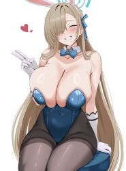 1girl absurdres aqua_halo asuna_(blue_archive) asuna_(bunny)_(blue_archive) bare_shoulders black_pantyhose blue_archive blue_bow blue_bowtie blue_leotard blush bow bowtie breasts brown_hair cleavage closed_eyes collarbone commentary covered_navel detached_collar elbow_gloves english_commentary gloves hair_over_one_eye halo heart highleg highleg_leotard highres leotard long_hair mole mole_on_breast official_alternate_costume one_eye_covered pantyhose playboy_bunny sideboob simple_background sitting smile solo thighs tyrzul v very_long_hair white_background white_gloves