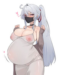 1girl absurdres ahoge black_choker blush breasts brown_jacket choker cleavage collared_shirt commission covered_erect_nipples dress half-closed_eyes heart highres honkai_(series) honkai_impact_3rd imkay_3 jacket kiana_kaslana kiana_kaslana_(ba-dum!_fiery_wishing_star) large_breasts long_hair long_sleeves looking_at_viewer mask mouth_mask pixiv_commission ponytail pregnant shirt simple_background solo spaghetti_strap very_long_hair white_background white_dress white_hair