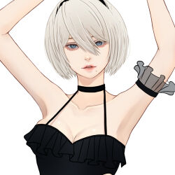 1girl 2b_(nier:automata) aegyo_sal arms_up blue_eyes breasts cleavage collarbone commentary_request hair_between_eyes highres large_breasts looking_at_viewer mitsuki_nite mole mole_under_mouth nier:automata nier_(series) pink_lips short_hair simple_background solo upper_body white_background white_hair