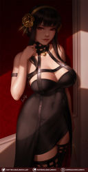 1girl black_dress black_thighhighs breasts brown_hair closed_mouth covered_navel curvy dress flower gold_hairband gumroad_username hair_flower hair_ornament hairband highres large_breasts looking_at_viewer luminyu patreon_username red_eyes rose signature solo spy_x_family sunlight thighhighs twitter_username two-sided_dress two-sided_fabric watermark web_address yor_briar