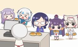 &gt;_&lt; 5girls a-chan_(3rd_costume)_(hololive) a-chan_(hololive) a-chan_(off-work)_(hololive) absurdres animal_ears blonde_hair blue_hair blue_hoodie blue_jacket blue_shirt blue_shorts blunt_bangs blush_stickers bread cashier chibi colored_inner_hair cowlick dog_ears dog_girl double-parted_bangs face_jewel fighting fins fish_tail flat_chest food fuwawa_abyssgard gawr_gura glasses grey_hair hair_flaps hair_ornament hairclip headband highres holding holding_food hololive hololive_english hood hoodie jacket koseki_bijou long_hair medium_hair melon_bread mococo_abyssgard mole mole_under_eye mpien multicolored_hair multiple_girls ninomae_ina&#039;nis open_clothes open_jacket orange_hair parted_lips pink_hair pink_headband pointy_ears ponytail purple_eyes purple_footwear shark_girl shark_tail shirt short_ponytail short_twintails shorts sidelocks streaked_hair sweet_potato tail takodachi_(ninomae_ina&#039;nis) tentacle_hair twintails two-tone_hair very_long_hair virtual_youtuber wavy_mouth white_footwear white_hair white_shirt white_shorts