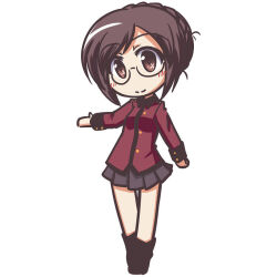 Rule 34 | 1girl, arm up, black boots, black skirt, boots, braid, brown eyes, brown hair, chibi, chibi only, deformed, fictional sister, full body, girls und panzer, glasses, jacket, miniskirt, nilgiri (girls und panzer), red jacket, round eyewear, skirt, smile, st. gloriana&#039;s military uniform, white background