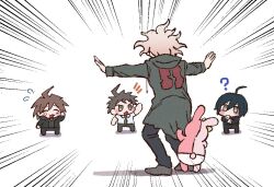 30en_(esx5g) 4boys :d ? ahoge black_hair black_pants brown_hair chibi danganronpa:_trigger_happy_havoc danganronpa_(series) danganronpa_2:_goodbye_despair danganronpa_v3:_killing_harmony diaper flying_sweatdrops from_behind green_jacket grey_background hinata_hajime hood hood_down hooded_jacket jacket jurassic_park komaeda_nagito long_sleeves looking_at_another meme multiple_boys naegi_makoto notice_lines open_mouth outstretched_arms pants parody prattkeeping_(meme) saihara_shuichi short_hair smile spread_arms teardrop