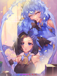 Rule 34 | 2girls, bare shoulders, black gloves, black hair, blue hair, breasts, cosplay, detached sleeves, ganyu (genshin impact), ganyu (genshin impact) (cosplay), genshin impact, gloves, highres, holding, holding wig, long hair, long sleeves, looking at viewer, medium breasts, mirror, multiple girls, open mouth, orange sekaii, original, parted lips, pink eyes, purple eyes, reflection, smile, upper body, wig