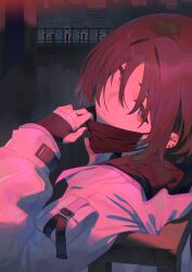 1girl absurdres against_railing bandaged_hand bandages barbell_piercing black_nails blue_archive brown_hair building chinese_commentary cityscape closed_mouth commentary_request hand_on_mask head_tilt highres jacket looking_at_viewer looking_to_the_side mask mask_pull misaki_(blue_archive) mouth_mask nail_polish on_rooftop open_door piercing pouch railing red_eyes red_theme short_hair sideways_glance skyscraper solo urban white_jacket zidu_(9478296)