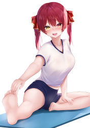 1girl absurdres alternate_costume barefoot blouse blue_shorts blush breasts cleavage collarbone commission fangs feet gym_uniform heterochromia highres hololive hololive_fantasy houshou_marine legs long_hair looking_at_viewer open_mouth pixiv_commission raised_eyebrows red_eyes red_hair shirt shorts sido_(ama_r007) sitting solo stretching t-shirt thighs toes twintails virtual_youtuber white_shirt yellow_eyes yoga_mat