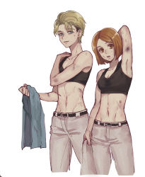 2girls abs androgynous armpits bad_id bad_pixiv_id battle_damage belt blonde_hair blue_eyes bra breasts brown_eyes brown_hair confused happy injury looking_at_viewer medium_breasts multiple_girls nanaba open_mouth orange_eyes orange_hair pants paradis_military_uniform petra_ral pi0w0pi reverse_trap shingeki_no_kyojin short_hair small_breasts smile sports_bra tomboy undercut underwear unworn_shirt