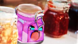 blue_eyes blurry blurry_background commentary depth_of_field fangs goondius highres hoeh_(meme) hololive hololive_english jam meme mococo_abyssgard no_humans object_focus objectification open_mouth photo_background skin_fangs solo still_life virtual_youtuber