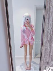 1girl asian cosplay eromanga_sensei flat_chest highres izumi_sagiri izumi_sagiri_(cosplay) long_hair no_panties pajamas phone photo_(medium) selfie silver_hair solo xiaoxian