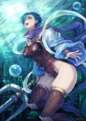 1girl black_boots black_leotard blue_hair boots breasts character_request commission duel_monster earrings fishnet_leotard fishnet_thighhighs fishnets green_eyes high_heel_boots high_heels highres holding holding_polearm holding_weapon jewelry large_breasts leotard looking_up polearm shouma_(bravespiritya) skeb_commission skindentation solo thighhighs trident underwater weapon yu-gi-oh!