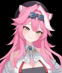 Rule 34 | 1girl, absurdres, animal ear fluff, animal ears, beret, breasts, cleavage, goggles, hat, highres, hololive, hololive english, long hair, looking at viewer, multicolored hair, ogye 01, panther ears, panther girl, pink hair, raora panthera, raora panthera (1st costume), smile, solo, streaked hair, upper body, virtual youtuber, yellow eyes