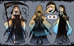 1girl ;) black_bow black_dress black_veil blonde_hair blue_eyes bow breasts chain commission commissioner_upload cross-shaped_pupils dress earrings full_body gradient_hair hair_ornament high_heels highres hogara holding holding_scythe indie_virtual_youtuber jewelry long_hair looking_at_viewer medium_breasts multicolored_hair multiple_expressions multiple_views necklace non-web_source one_eye_closed open_mouth pointy_ears reference_sheet scythe see-through_clothes sharp_teeth smile symbol-shaped_pupils teeth turnaround veil very_long_hair virtual_youtuber weapon zeta_(vtuber)
