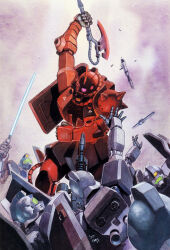 1980s_(style) 2006 army battle beam_rifle energy_sword broken char_aznable cover damaged dated earth_federation energy_gun gm_(mobile_suit) gundam heat_hawk highres magazine_cover mecha military mobile_suit mobile_suit_gundam no_humans official_art oldschool one-eyed promotional_art retro_artstyle robot scan science_fiction shield shoulder_spikes signature spikes surrounded thrusters traditional_media weapon yasuhiko_yoshikazu zaku_ii_s_char_custom zeon