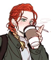 1girl animification avengers:_endgame avengers_(series) between_fingers blonde_hair blush braid buttons cigarette commentary_request covered_mouth cup dishing disposable_coffee_cup disposable_cup drinking green_eyes green_jacket grey_shirt holding holding_cigarette holding_cup jacket korean_commentary long_hair long_sleeves looking_at_viewer marvel marvel_cinematic_universe multicolored_hair natasha_romanoff open_clothes open_jacket puffy_long_sleeves puffy_sleeves red_hair shirt simple_background smoke solo standing two-tone_hair upper_body white_background