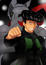 Rule 34 | 1boy, akame ga kill!, armor, black coat, black hair, black shirt, bulat, clenched hand, coat, green armor, grin, helmet, kinako (663318rannko), looking at viewer, male focus, pompadour, raised fist, red eyes, shirt, smile, solo