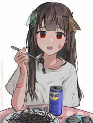 1girl @_@ bandaid bandaid_on_arm bandaid_on_face black_hair bug can cicada cpu fork highres insect long_hair looking_at_viewer mole mole_under_eye mole_under_mouth moth original plate red_eyes shirt simple_background sketch solo table thermal_paste usb vickie_(cryingrobot) vickie_(cryingrobot)_(character) wd-40 white_background white_shirt wire