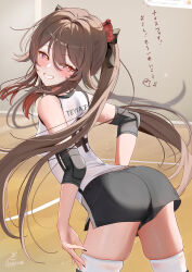1girl alternate_costume ass black_nails black_shorts blush brown_hair commentary_request cowboy_shot elbow_pads fingernails from_behind genshin_impact gym hair_ornament highres hu_tao_(genshin_impact) kabu_usagi long_hair looking_at_viewer looking_back nail_polish pink_eyes shirt shorts signature smile solo sportswear thighhighs translation_request twintails volleyball_uniform white_shirt