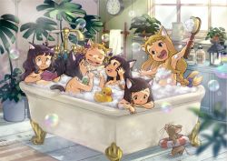 6+girls :3 :d ahoge analog_clock animal_ears bath bathing bathtub black_eyes black_hair blonde_hair blowing_bubbles blue_bow blurry blurry_foreground blush_stickers book bow braid brush bubble bubble_bath cat_ears cat_girl cat_tail clock closed_eyes convenient_censoring female_focus flat_chest glasses hair_bow hair_ornament hairclip holding holding_brush indoors lantern lifebuoy loli mouse_(animal) multiple_girls nanami_tomorou nude open_mouth original partially_submerged plant potted_plant purple_bow reading rimless_eyewear round_eyewear round_teeth rubber_duck rug shower_head sitting smile soap_bubbles swim_ring tail teeth wall_clock water wavy_hair window