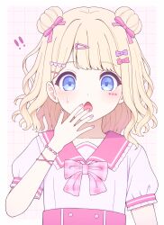 !? 1girl blonde_hair blue_eyes border bow bowtie covering_own_mouth double_bun frilled_sailor_collar frills hair_bow hair_bun hair_ornament hair_ribbon hairclip heart heart_hair_ornament highres open_mouth original pink_background pink_bow pink_bowtie pink_nails pink_ribbon pink_sailor_collar plaid_bow plaid_bowtie plaid_clothes purple_bow ribbon sailor_collar san_nana shirt short_hair short_sleeves simple_background small_sweatdrop solo surprised upper_body white_border white_shirt