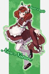 1girl alternate_costume animal_ears blush brown_eyes character_name closed_mouth commentary_request dated enmaided full_body hair_between_eyes hair_ornament highres looking_at_viewer maid maid_headdress nice_nature_(umamusume) pantyhose red_hair saramiao-chan smile solo umamusume wa_maid white_background