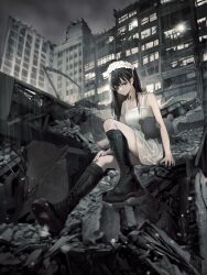 1girl black_boots black_hair boots building car city closed_mouth commentary_request dress hand_on_knees headdress highres hirose_(10011) medium_hair motor_vehicle original purple_eyes ruins sitting sleeveless sleeveless_dress solo stuffed_animal stuffed_toy teddy_bear white_dress white_headdress