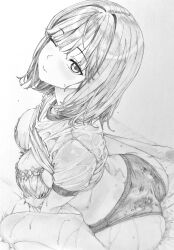 Rule 34 | 1girl, absurdres, ass, blush, bra, breasts, buruma, closed mouth, clothes lift, commentary request, eyelashes, feet out of frame, from above, graphite (medium), greyscale, gym shirt, gym uniform, hair intakes, highres, large breasts, lensia, looking at viewer, looking up, median furrow, medium hair, monochrome, one eye closed, original, shirt, shirt lift, short sleeves, sitting, solo, traditional media, underwear, wariza, water drop, wet, wet clothes, wet shirt