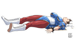 1girl absurdres artist_logo boots bracelet breasts capcom chun-li cirenk highres jewelry large_breasts logo lying spiked_bracelet spikes street_fighter white_background