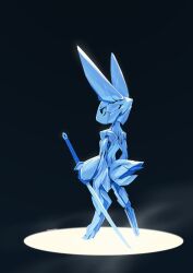 1boy 2018 absurdres animal_ears back back_muscles blue_eyes closed_mouth cloud_the_robot_rabbit colored_skin digitigrade electric_hearts from_behind furry furry_male highres holding holding_sword holding_weapon joints krita_(medium) light_particles looking_ahead non-web_source original rabbit rabbit_boy rabbit_ears rabbit_tail robot robot_joints signature simple_background standing sword tail three_quarter_view tsurime tyson_tan v-shaped_eyebrows weapon white_skin
