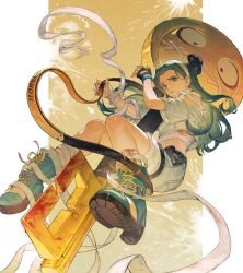 Rule 34 | 1girl, a.b.a, absurdres, bags under eyes, bandages, blood, blood on clothes, bloody weapon, commentary, green eyes, green nails, grey hair, guilty gear, guilty gear strive, hairband, highres, holding, holding key, key, key in head, long hair, looking at viewer, nail polish, object through head, oversized object, paracelsus (guilty gear), side slit, solo focus, stitched mouth, stitches, suribbon, weapon