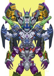 arms_up cannon claws ct990413 decepticon galvatron green_eyes highres horns machinery mecha megatron red_eyes robot scowl transformer transformers transformers_armada transformers_cybertron transformers_energon transformers_unicron_trilogy white_background wings yellow_background