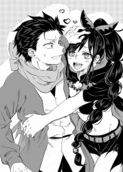 1boy 1girl arm_around_back bikini black_bikini black_cape black_shorts braid braided_ponytail breasts cape cleavage furry greyscale hair_ribbon hair_slicked_back hand_on_another&#039;s_head highres hug ikuhashi_muiko jacket long_hair medium_breasts midriff monochrome multi-tied_hair natsuki_subaru open_clothes open_jacket open_mouth ponytail re:zero_kara_hajimeru_isekai_seikatsu ribbon scarf shaula_(re:zero) short_hair shorts smile sweatdrop swimsuit