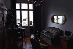 balcony chair chandelier coffee_table commentary computer controller couch curtains cushion day desk english_commentary grey_wall highres indoors lamp laptop light_particles love_death_+_robots mirror monitor no_humans paper plant potted_plant remote_control scenery shadow still_life sunlight table wardrobe window wooden_floor yun_ling