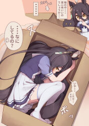 ... absurdres ahoge animal_ears arrow_(symbol) between_legs black_hair blush box cardboard_box cat commentary_request curled_up ear_ornament finger_to_mouth from_above hair_between_eyes hand_on_own_head hibiki_(zerocodo) highres horse_ears horse_girl horse_tail in_box in_container long_hair looking_at_viewer manhattan_cafe_(umamusume) multiple_views school_uniform skirt sound_effects speech_bubble tail tail_between_legs thighhighs thinking tracen_school_uniform translation_request umamusume yellow_eyes