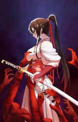 Rule 34 | 1girl, absurdres, breasts, bridal gauntlets, brown hair, commentary, corpse, dark background, disembodied hand, from side, grabbing another&#039;s breast, groping, hair ribbon, hakama, hakama skirt, headless, high ponytail, highres, holding, holding sword, holding weapon, japanese clothes, jigokuraku, katana, kimono, large breasts, long hair, looking to the side, ponytail, rasipan, red bridal gauntlets, red ribbon, ribbon, sidelocks, skirt, solo, sword, weapon, white hakama, white kimono, yamada asaemon sagiri, yellow eyes