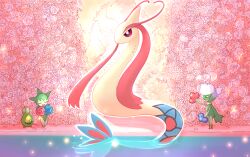 Rule 34 | bright pupils, budew, commentary request, flower, fyuusan-1986, gen 3 pokemon, gen 4 pokemon, gills, milotic, nintendo, no humans, pink flower, pink rose, pokemon, pokemon (creature), pond, red eyes, ripples, rose, rose bush, roselia (pokemon), roserade, shore, stairs, white pupils