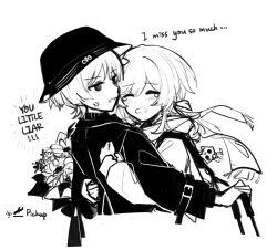 1boy 1girl anger_vein bouquet bucket_hat closed_eyes cropped_torso english_text facing_another feather_hair_ornament feathers flower fringe_trim genshin_impact greyscale hair_ornament hat hetero highres hug huhu_norii jacket light_blush long_sleeves looking_at_another lumine_(genshin_impact) monochrome open_mouth scaramouche_(cat)_(genshin_impact) scaramouche_(genshin_impact) scarf short_hair short_hair_with_long_locks sidelocks sketch tears white_background wispy_bangs