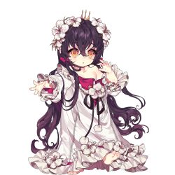 1girl black_hair commentary_request dress flower flower_ornament hair_flower hair_ornament long_hair pika_(kai9464) single_bare_foot uchi_no_hime-sama_ga_ichiban_kawaii very_long_hair white_dress yellow_eyes yumemi_(uchi_no_hime-sama)